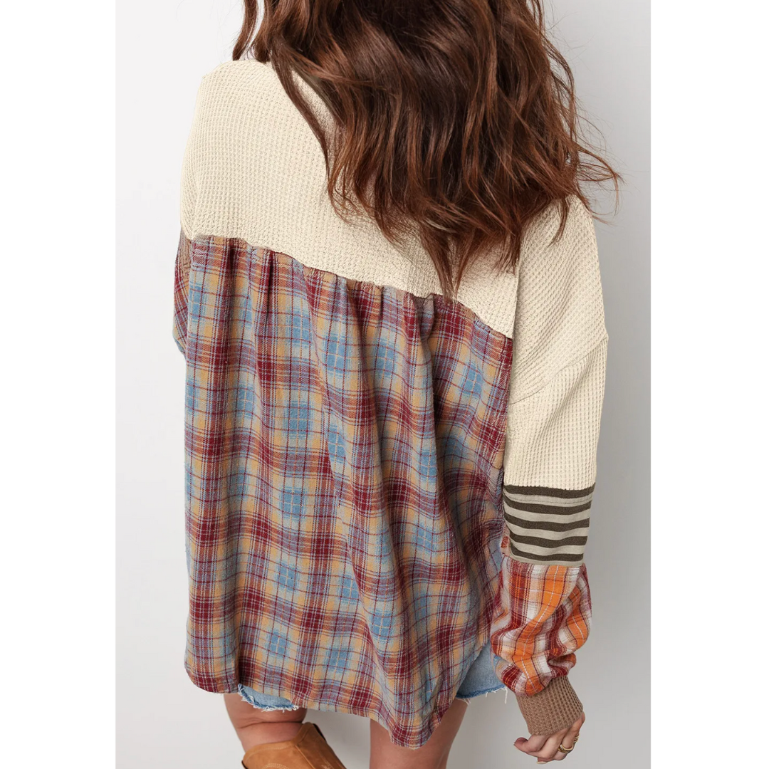 Fall For Fun, Mixed Media Thermal & Plaid Henley Top