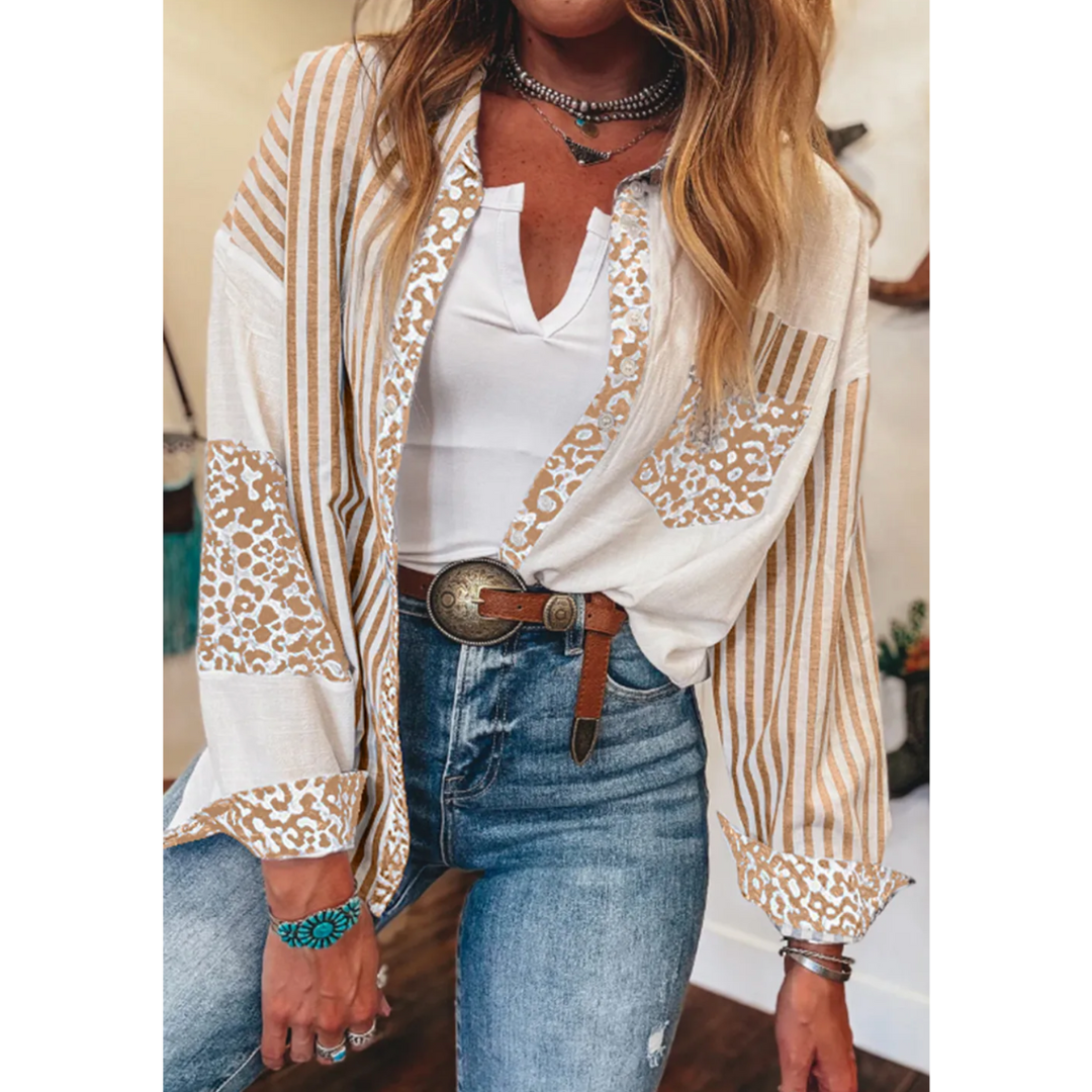 Always Included, Long Sleeve Stripe Leopard Colorblock Shirt