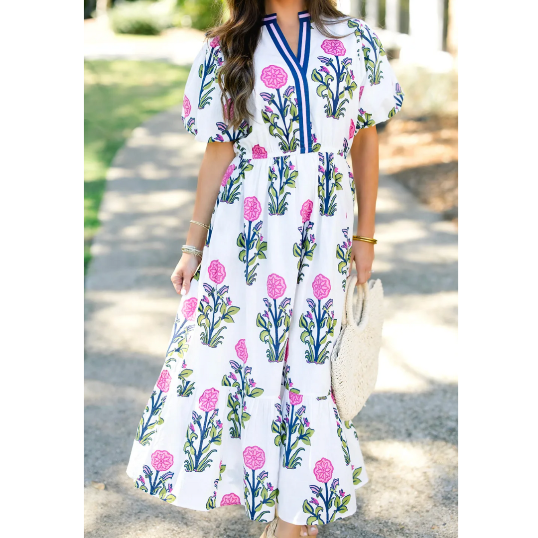Fashionista In The Making, Short Puff Sleeve Floral Midi/Maxi Dress