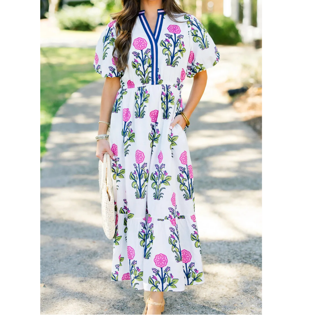 Fashionista In The Making, Short Puff Sleeve Floral Midi/Maxi Dress