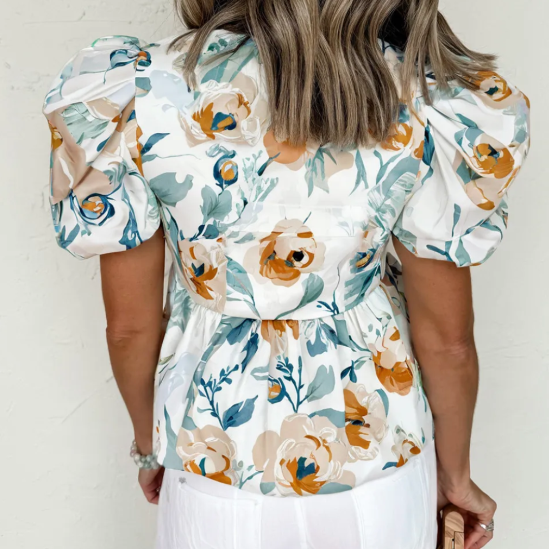 All Is Well, Short Puff Sleeve Floral Peplum Blouse