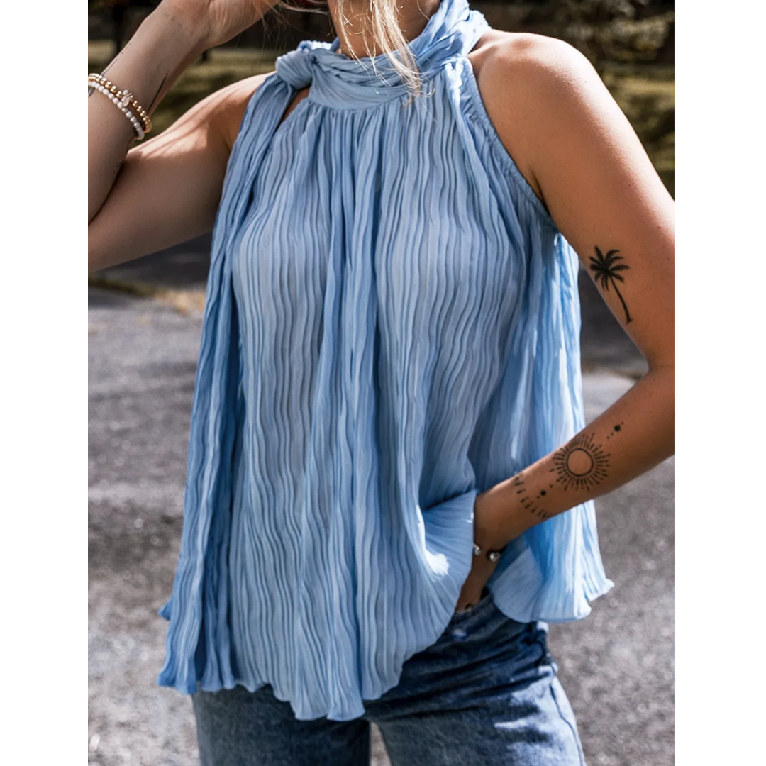 Feel Confident, Textured Pleated Tied Mock Neck Flowy Tank Top
