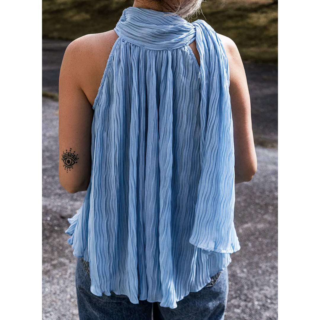 Feel Confident, Textured Pleated Tied Mock Neck Flowy Tank Top