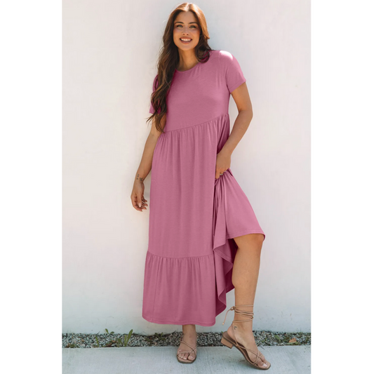 All That You Need, Short Sleeve Tier Ruffle Maxi Dress with Pockets
