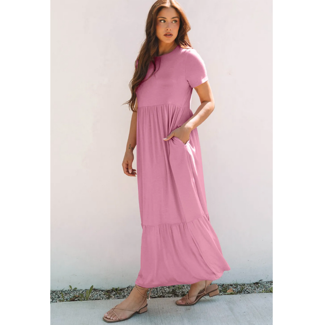 All That You Need, Short Sleeve Tier Ruffle Maxi Dress with Pockets