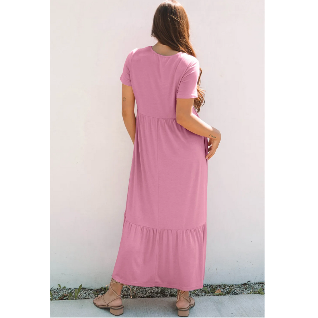 All That You Need, Short Sleeve Tier Ruffle Maxi Dress with Pockets