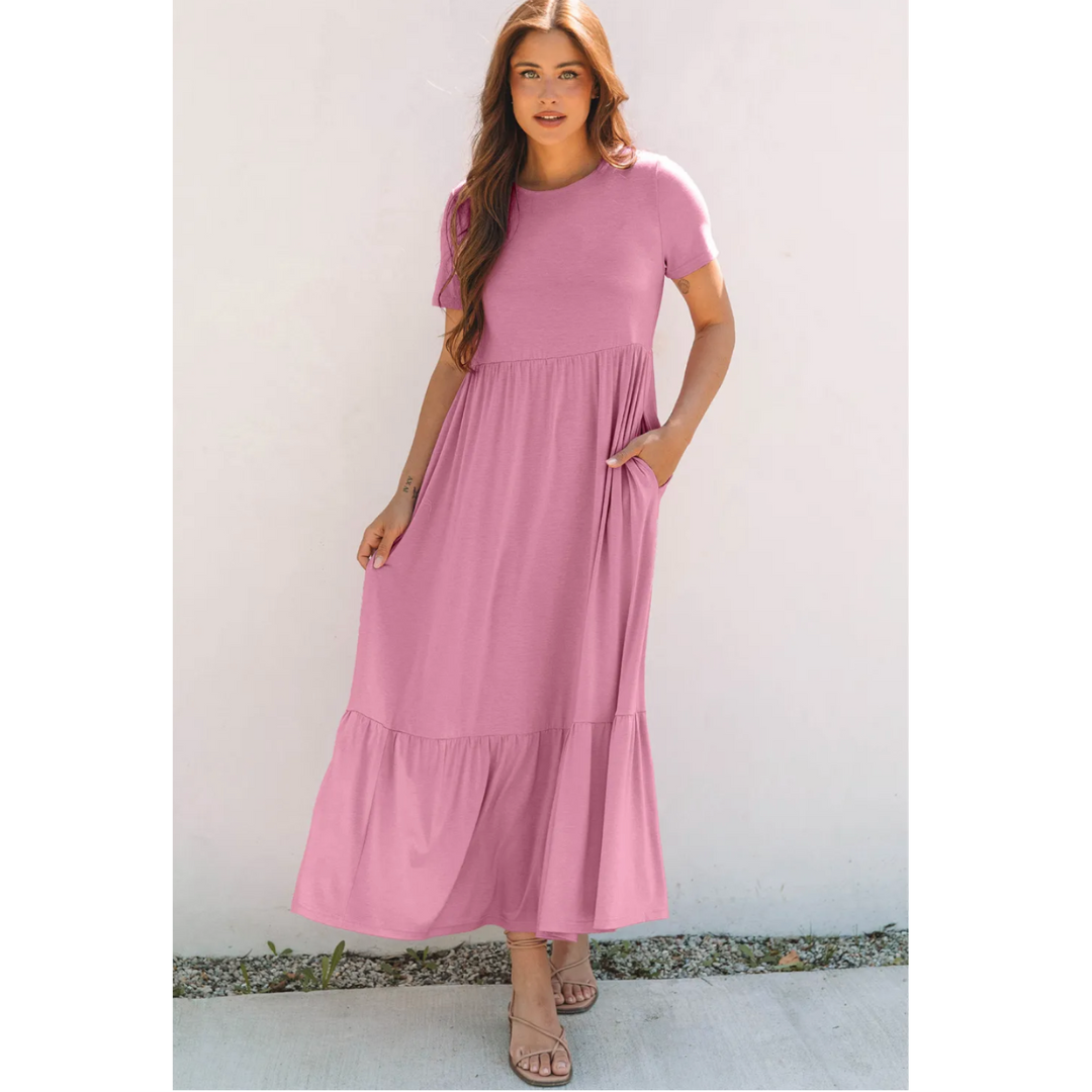 All That You Need, Short Sleeve Tier Ruffle Maxi Dress with Pockets