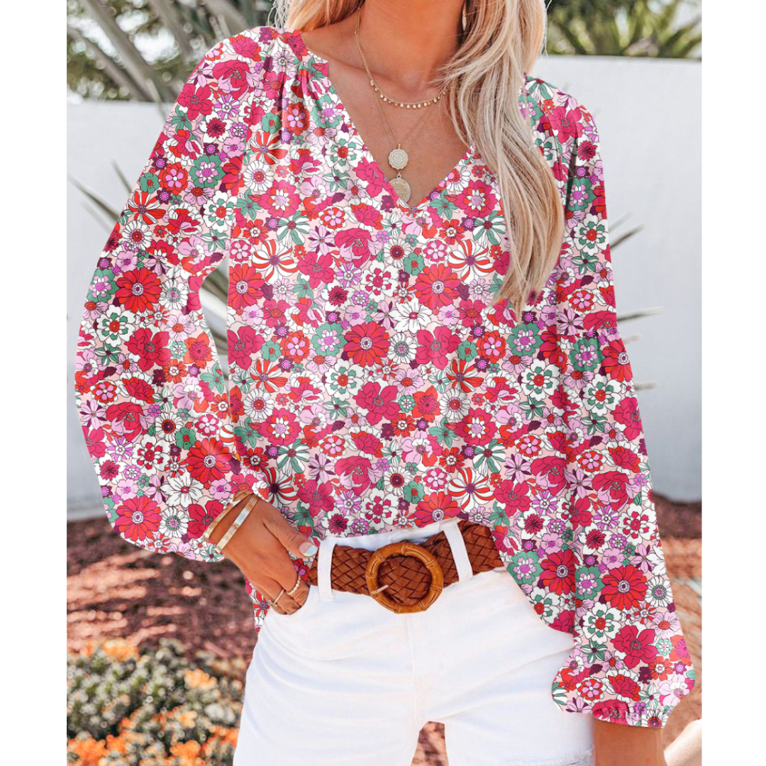 Retro Bloom, V Neck Long Sleeve Floral Top