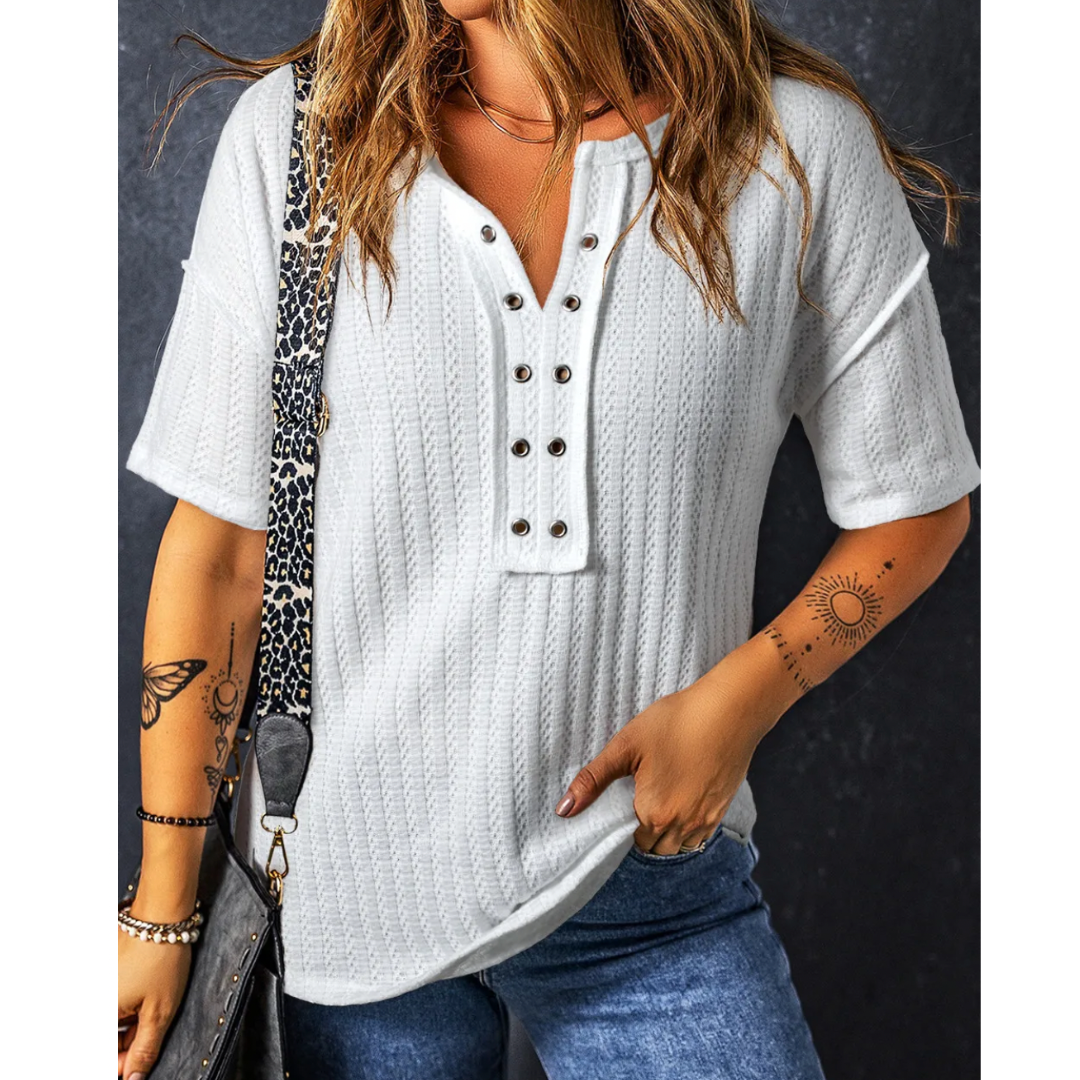 The Way We Roll, Short Sleeve V Neck Textured Top