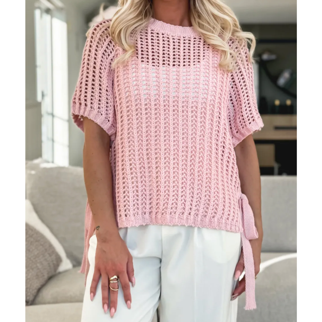 All Day Beauty, Short Sleeve Side Tie Crochet Top