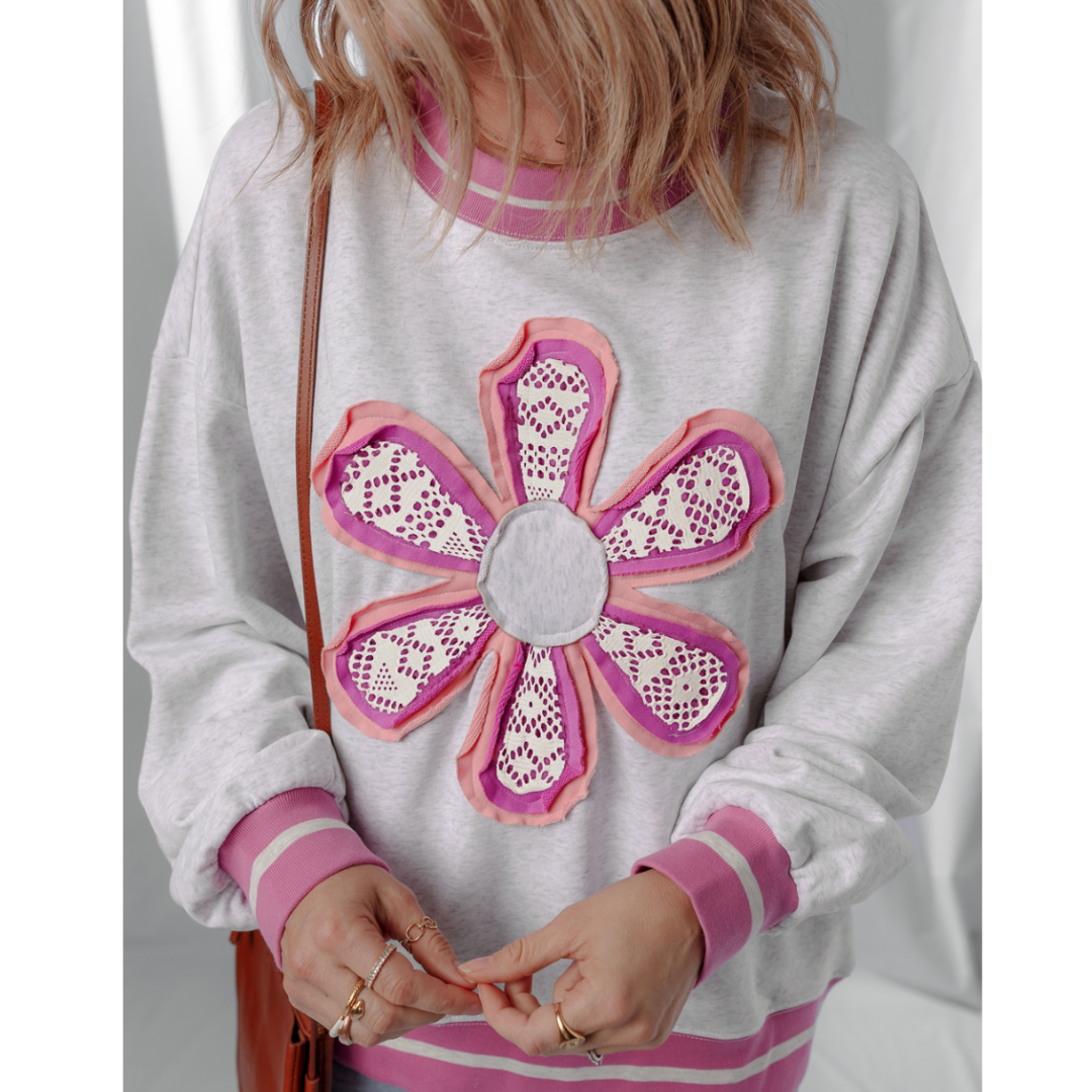 Petal to the Pop, Appliqué Floral Pullover