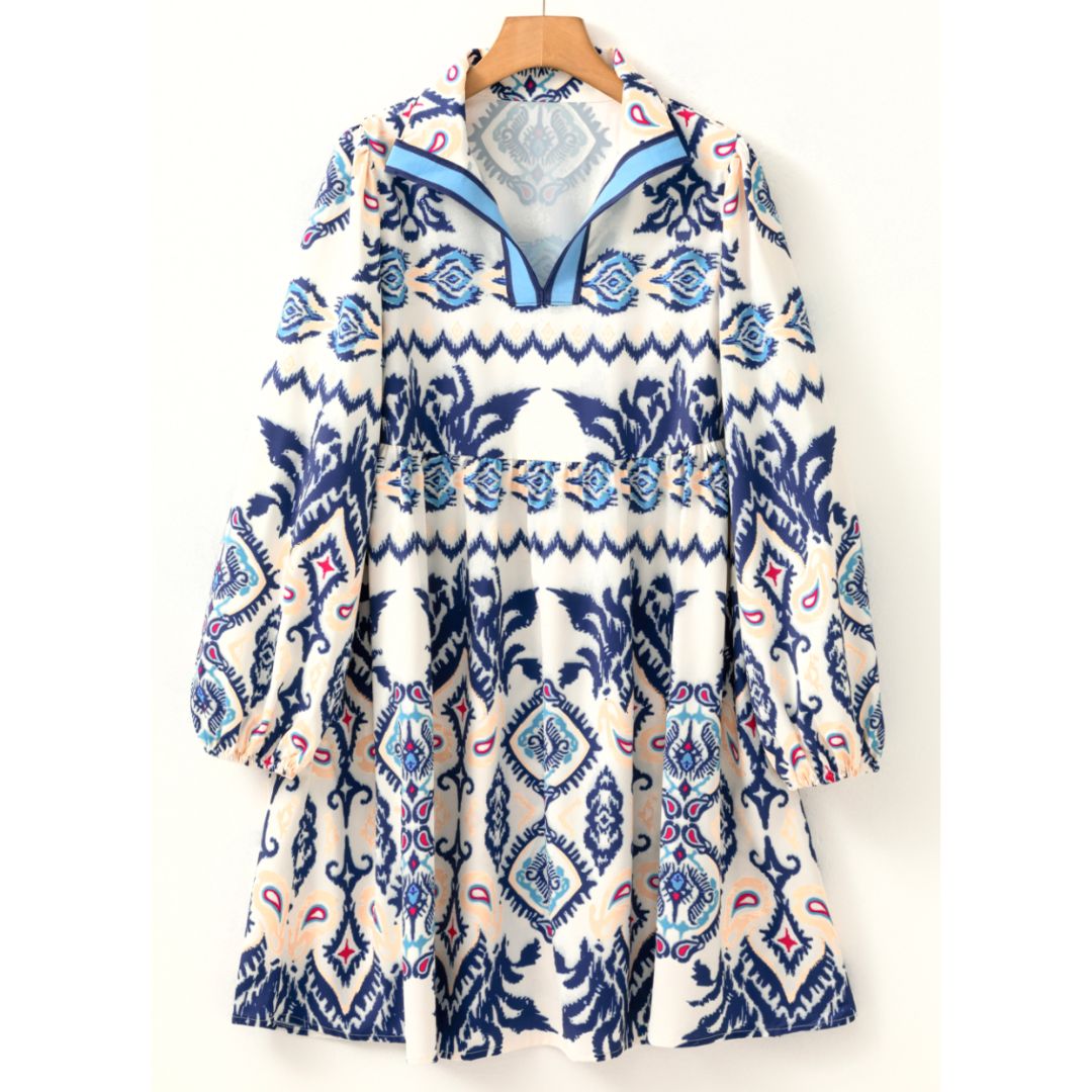 Mediterranean Muse Long Sleeve Printed Swing Dress
