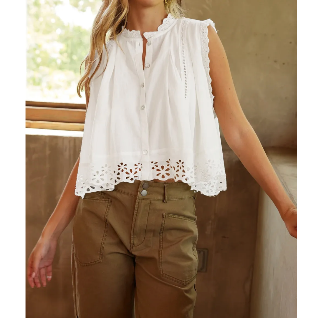 Up Your Style Game, Sleeveless Button Down Blouse with Eyelet Trim