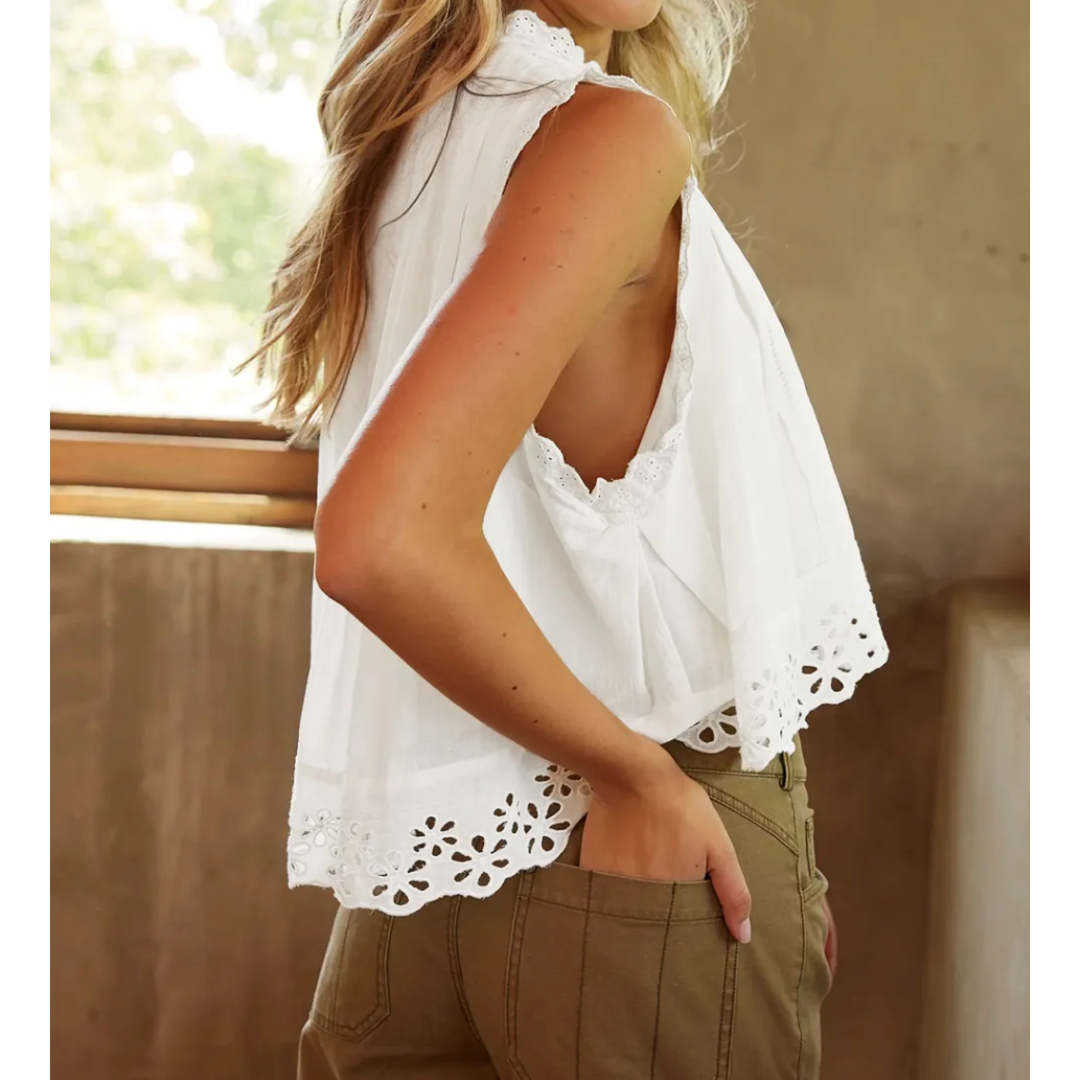 Up Your Style Game, Sleeveless Button Down Blouse with Eyelet Trim
