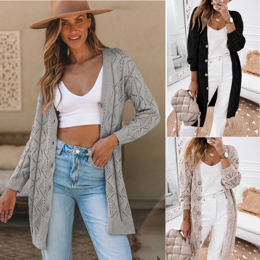 Call Me, Long Sleeve Hollow-out Openwork Knit Cardigan
