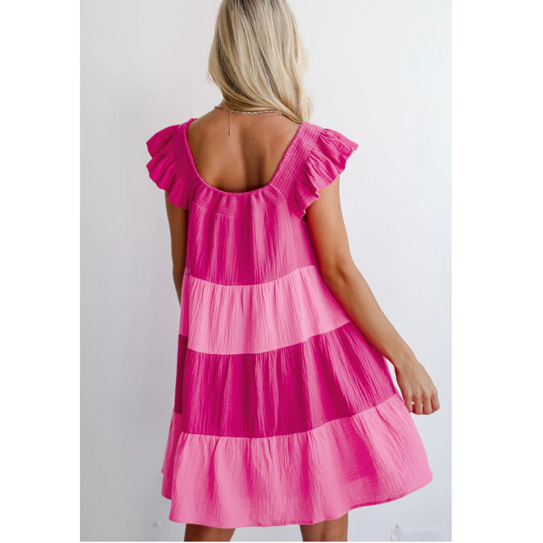 So Charming, Short Ruffle Sleeve Colorblock Dress