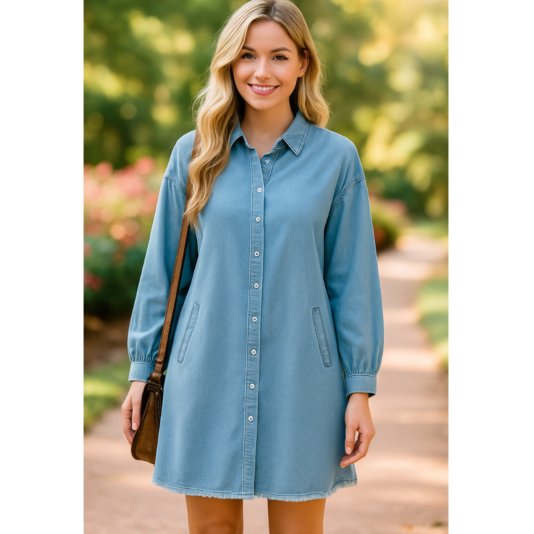 Having A Moment, Long Sleeve Button Down Denim Dress