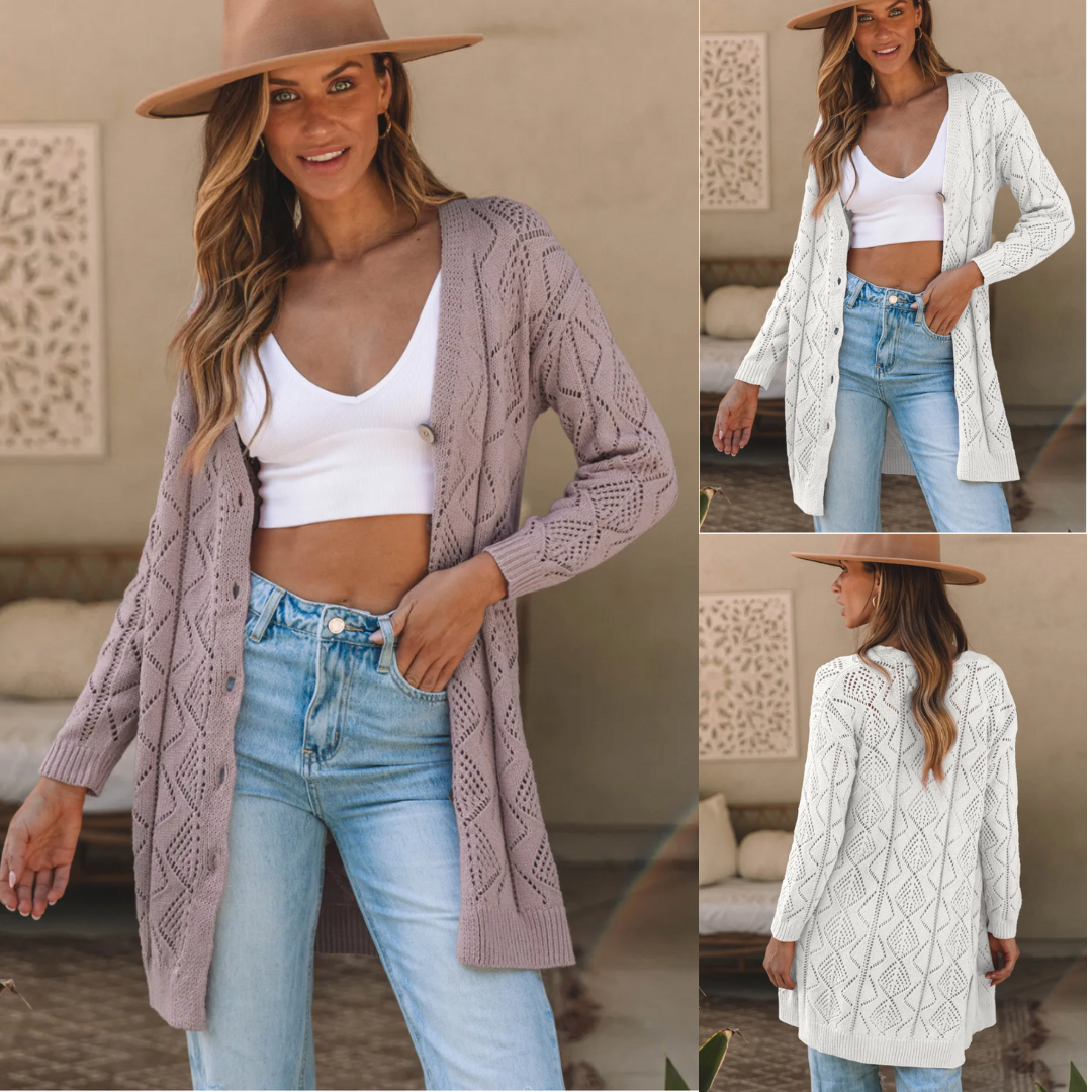 Call Me, Long Sleeve Hollow-out Openwork Knit Cardigan