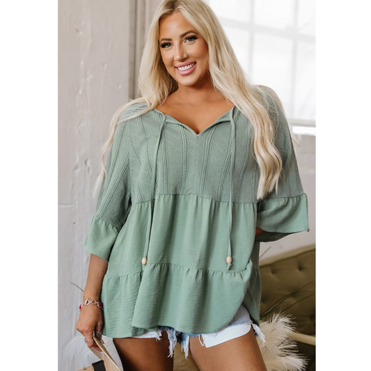 Did We Mention, Half Sleeve V Neck TIer Ruffle Tunic with Tassels
