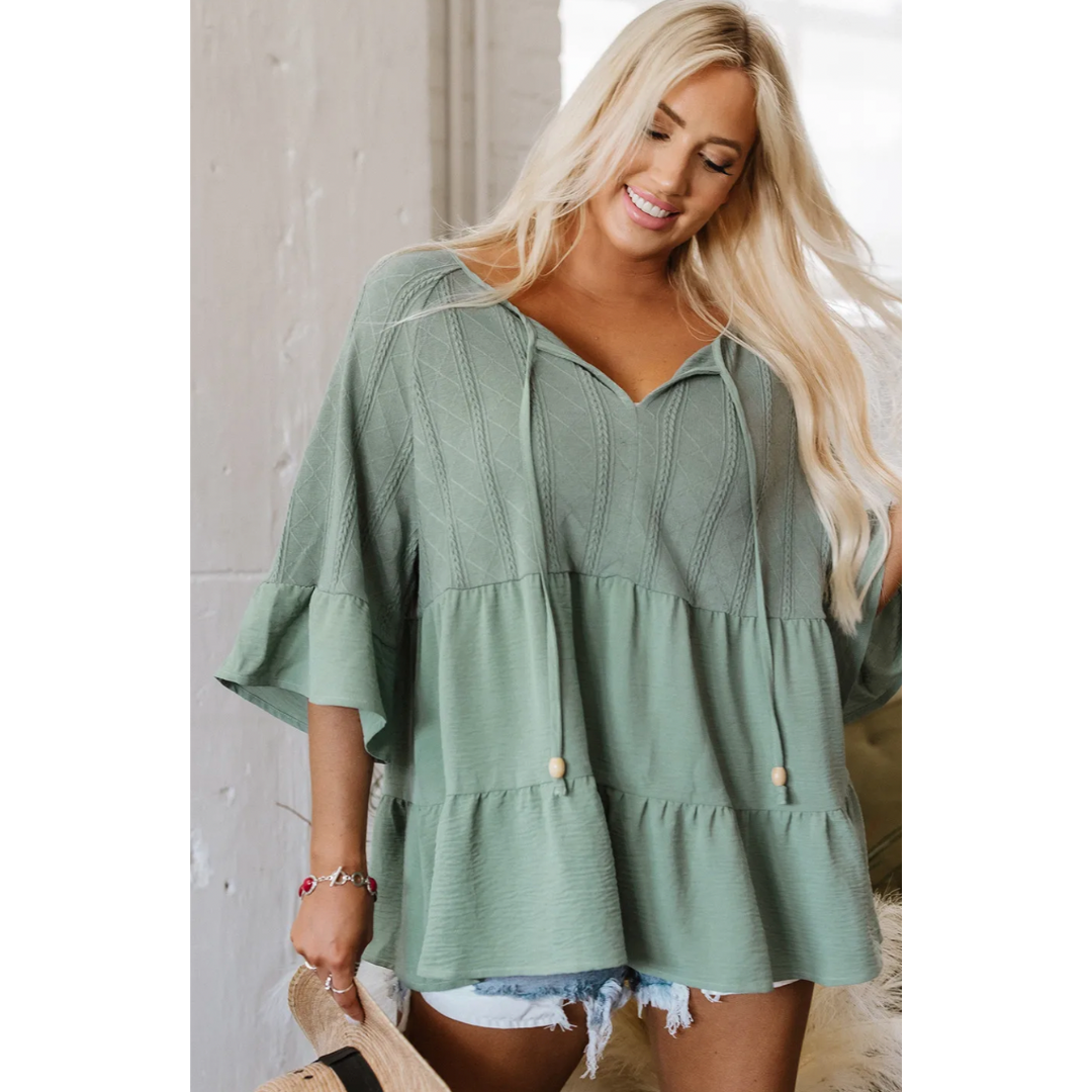 Did We Mention, Half Sleeve V Neck TIer Ruffle Tunic with Tassels