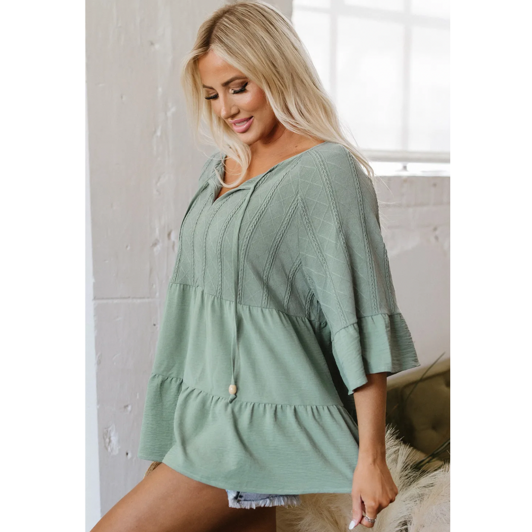 Did We Mention, Half Sleeve V Neck TIer Ruffle Tunic with Tassels