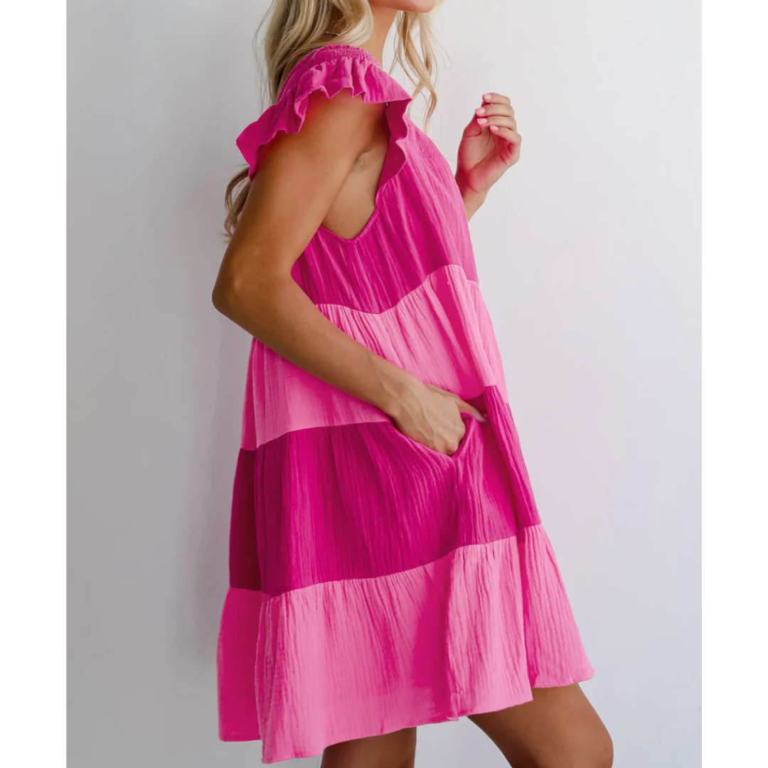 So Charming, Short Ruffle Sleeve Colorblock Dress