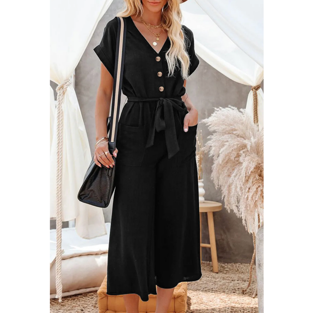 Effortlessly Yours, Button Front Belted Black Jumpsuit