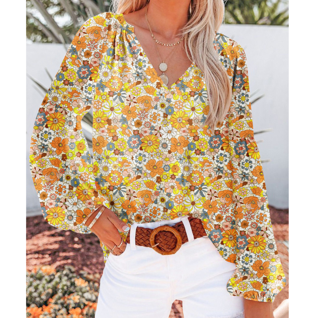 Retro Bloom, V Neck Long Sleeve Floral Top