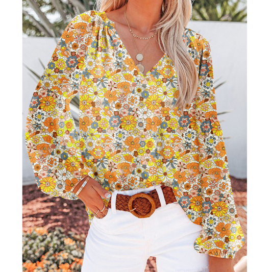 Retro Bloom, V Neck Long Sleeve Floral Top