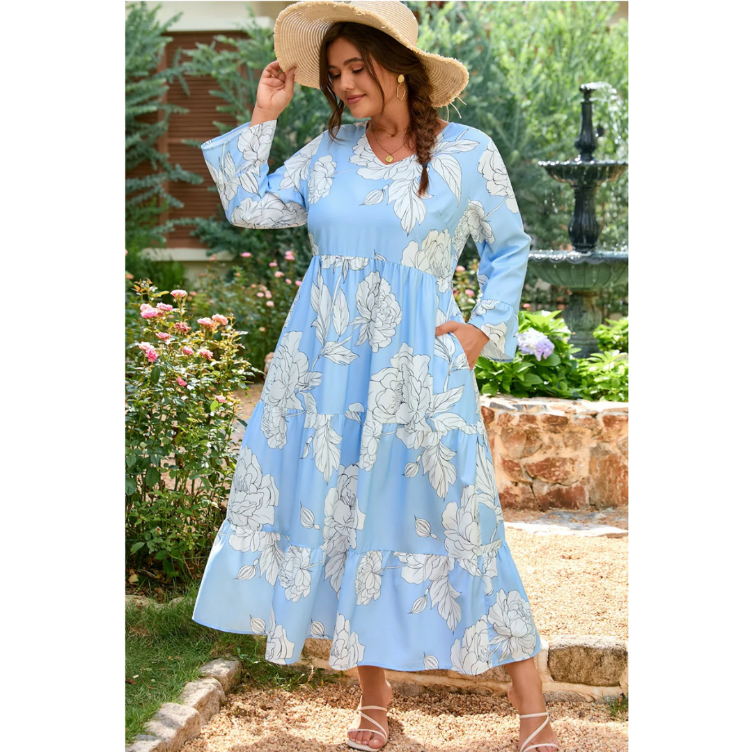 Blue Skies & Blooms, Long Sleeve Tiered Maxi Dress