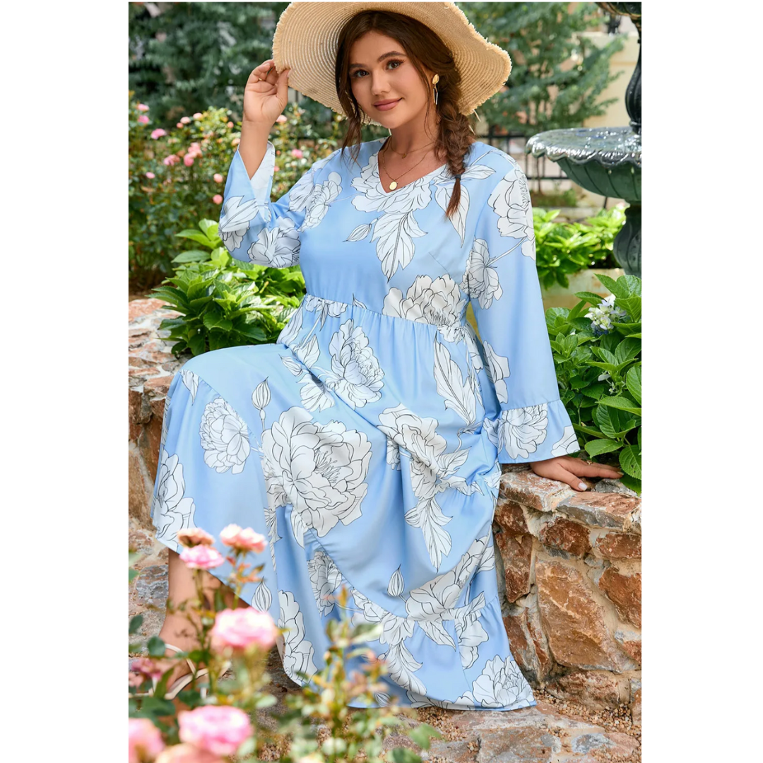 Blue Skies & Blooms, Long Sleeve Tiered Maxi Dress