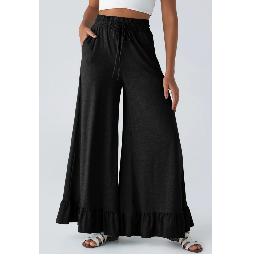 Flow With It, Wide Leg Ruffle Hem Pants