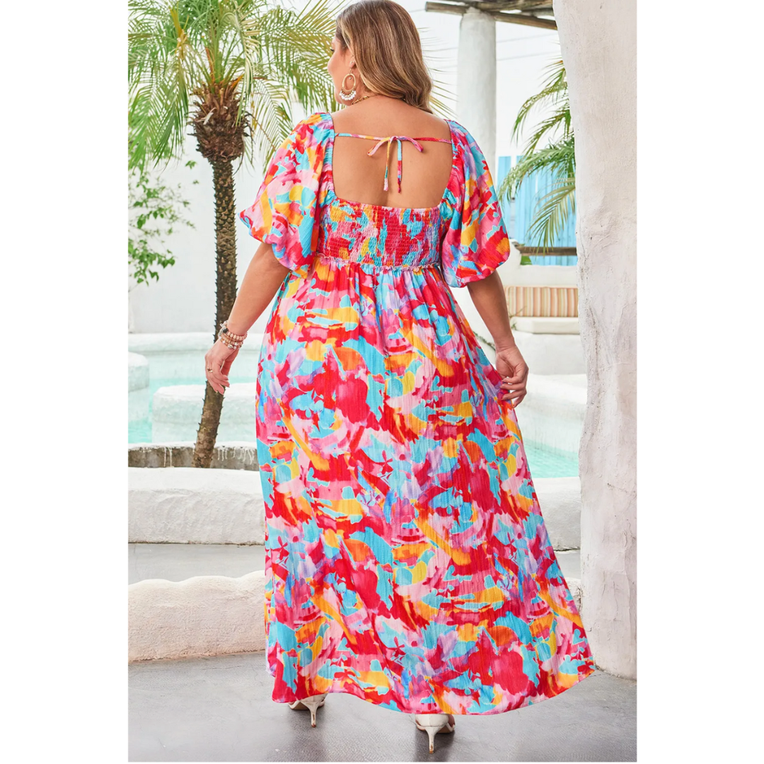 More Beautiful Days Ahead, Short Sleeve Floral Abstract Maxi Dress (1X-4X)
