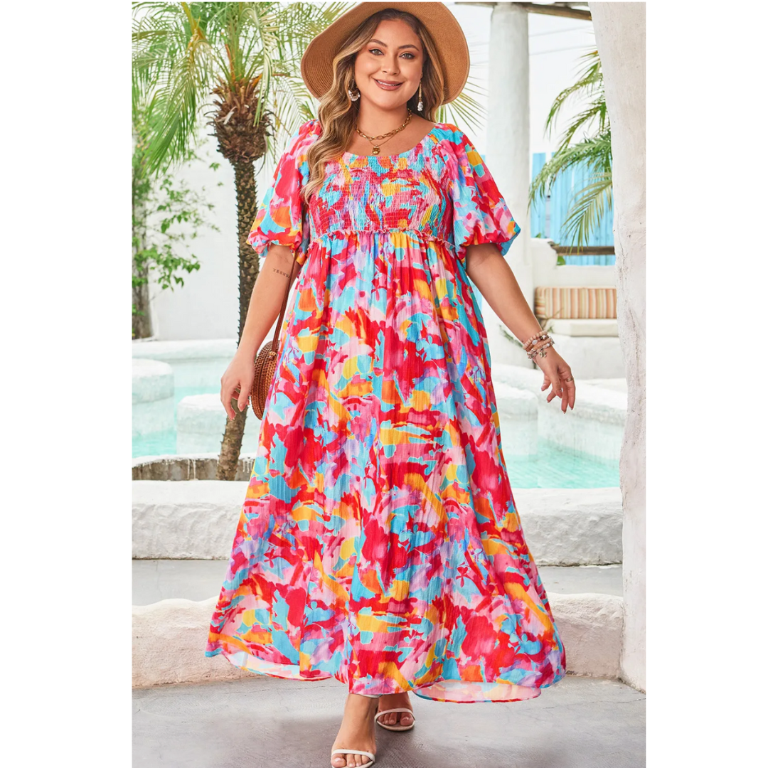 More Beautiful Days Ahead, Short Sleeve Floral Abstract Maxi Dress (1X-4X)