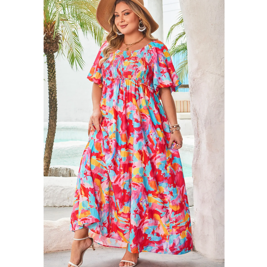 More Beautiful Days Ahead, Short Sleeve Floral Abstract Maxi Dress (1X-4X)