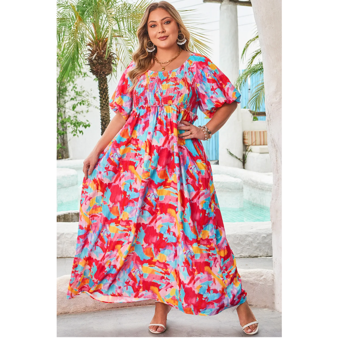 More Beautiful Days Ahead, Short Sleeve Floral Abstract Maxi Dress (1X-4X)