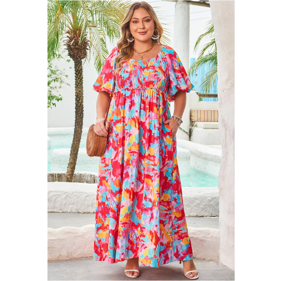 More Beautiful Days Ahead, Short Sleeve Floral Abstract Maxi Dress (1X-4X)