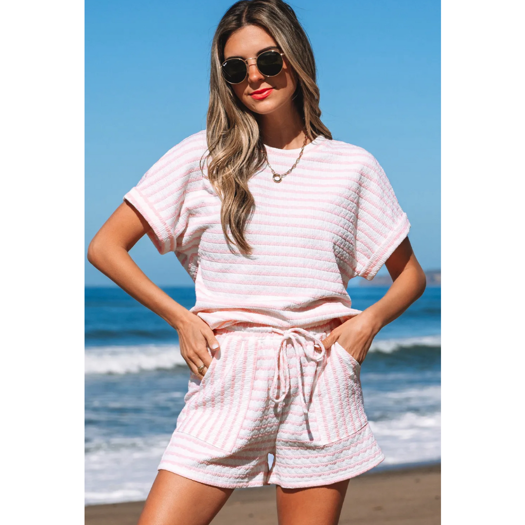 Easy Days Ahead, Short Sleeve Stripe Short Set with Pockets