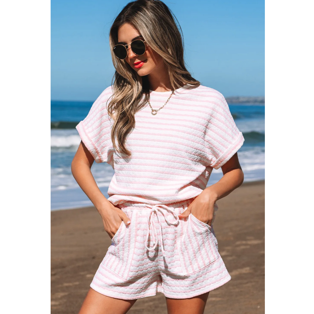 Easy Days Ahead, Short Sleeve Stripe Short Set with Pockets