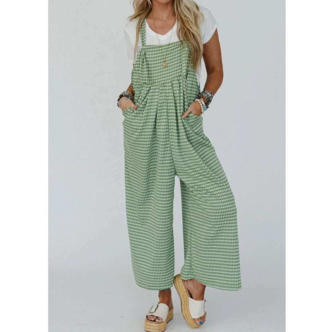 It's In The Air, Gingham Wide Crop Leg Jumpsuit with Pockets