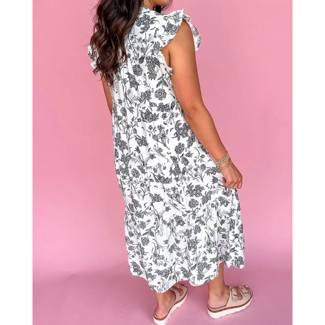 Be Genuine, Short Ruffle Sleeve V Neck Midi Dress (1X-4X)