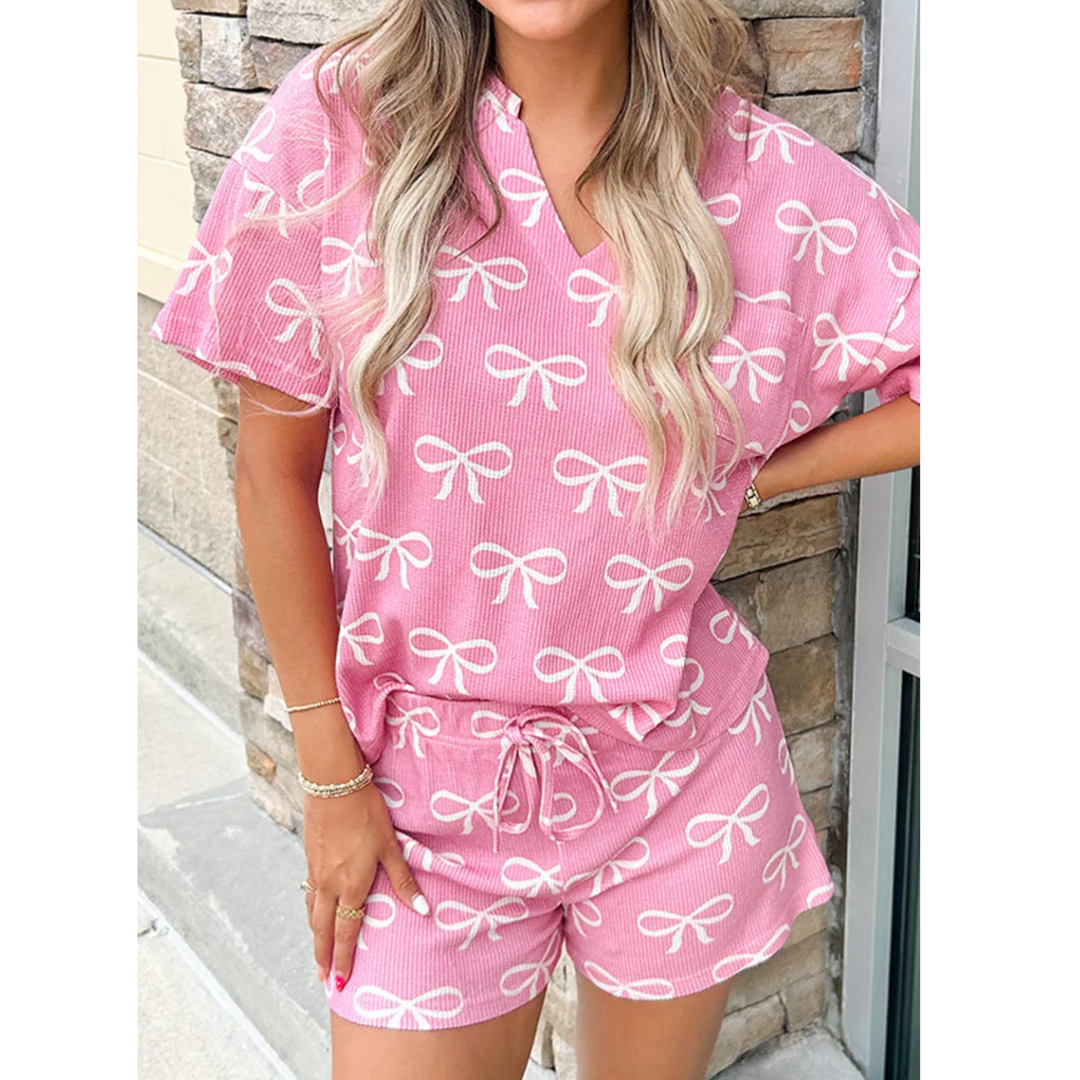Only You Know, Short Sleeve Bowtie Print Short Set