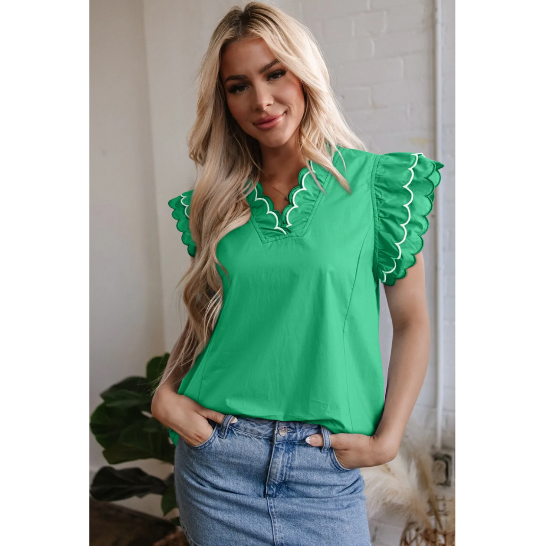 Came To Play, Short Ruffle Sleeve V Neck Top