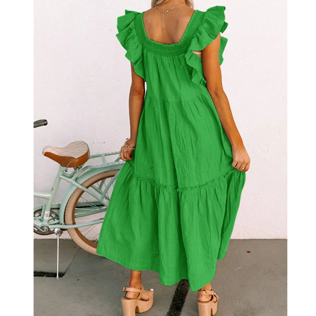 Off To Conquer The World, Short Ruffle Sleeve Midi Dress