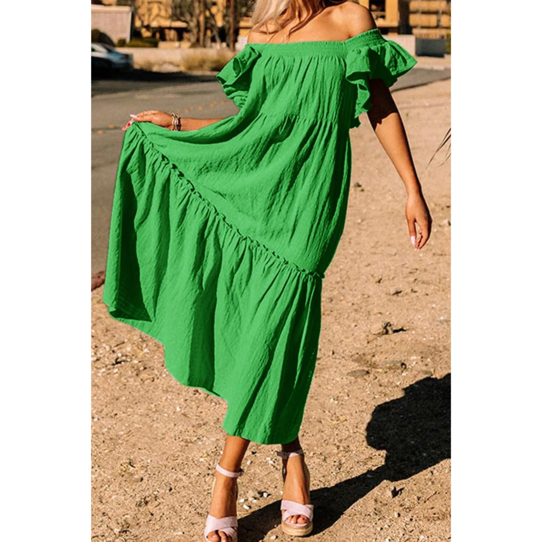 Off To Conquer The World, Short Ruffle Sleeve Midi Dress