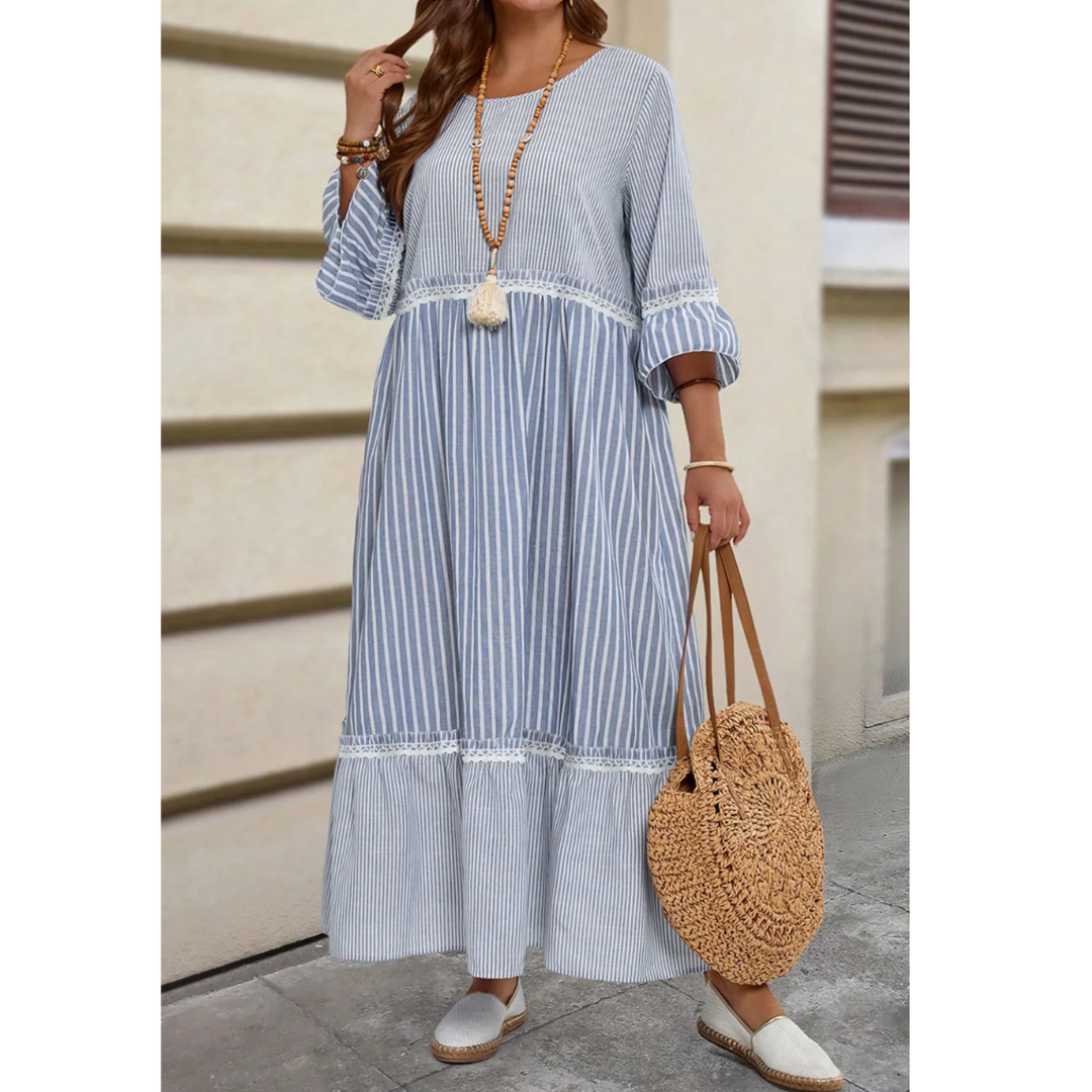 Seaside Breeze, Striped Ruffle Maxi Dress (Curvy Edition)
