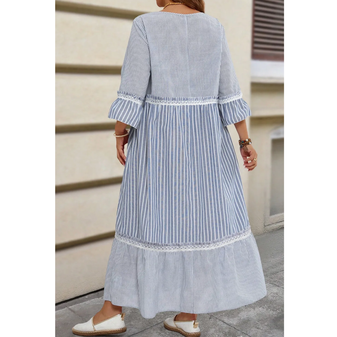 Seaside Breeze, Striped Ruffle Maxi Dress (Curvy Edition)