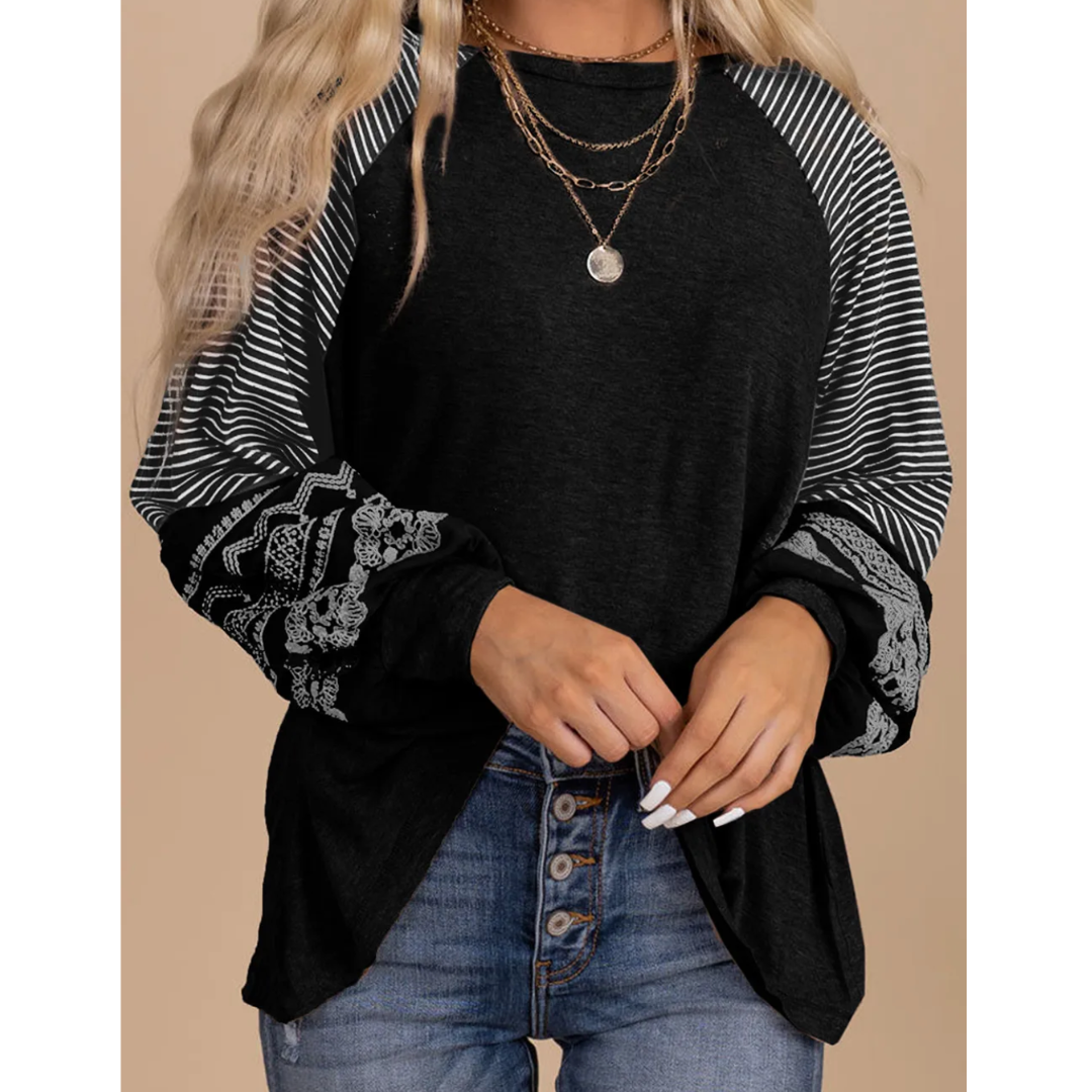 "Weekend Whimsy, Stripe & Stitch Long Sleeve Top"