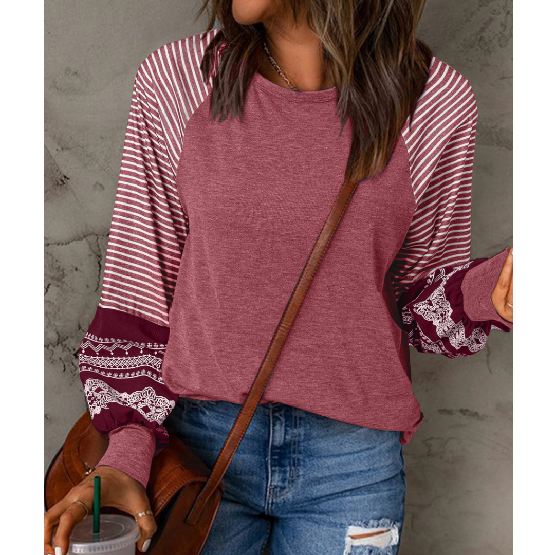 "Weekend Whimsy, Stripe & Stitch Long Sleeve Top"