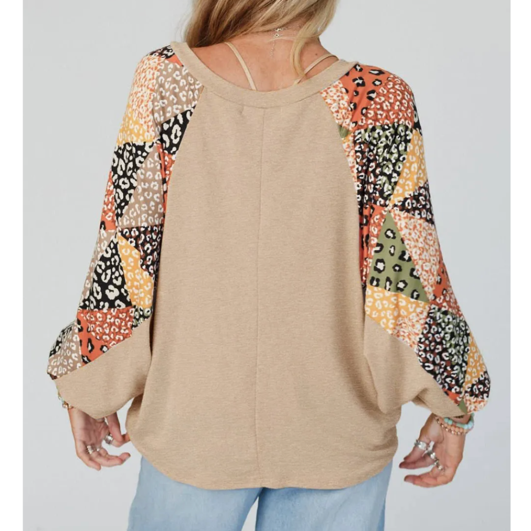Wild Spirit, Patchwork Sleeve V Neck Top
